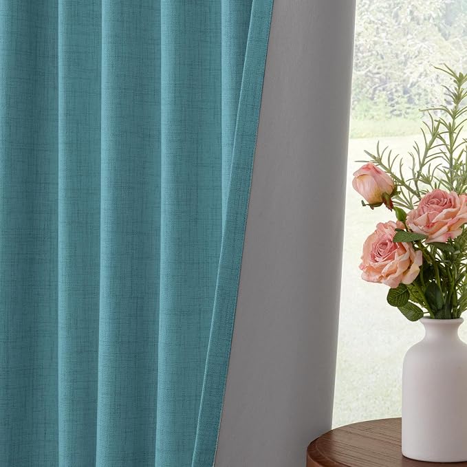 INOVADAY 100% Blackout Linen Curtains for Bedroom 50x90 Inches Teal | Linen Textured, Light Blocking, Room Darkening, Thermal Insulated, Back Tab Top, Window Curtains for Living Room, 2 Panels