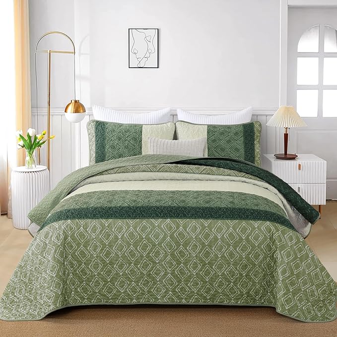 Cottolester Sage Green Quilt Set Queen,3 Pcs Summer Striped Bedspread Set | Lightweight Summer Fresh Green Patchwork Coverlets Set with 2 Pillowshams,Soft Microfiber Quilt Bedding Sets 110"x90"