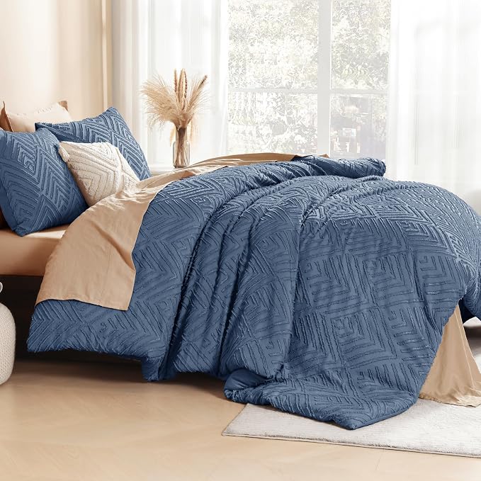 Litanika King Size Comforter Set, 3 Pieces Tufted Boho Bedding Set | Ocean Blue Farmhouse Shabby Chic Vintage Bohemian Textured Aesthetic Soft Fluffy Lightweight Breathable All Season Bed Set