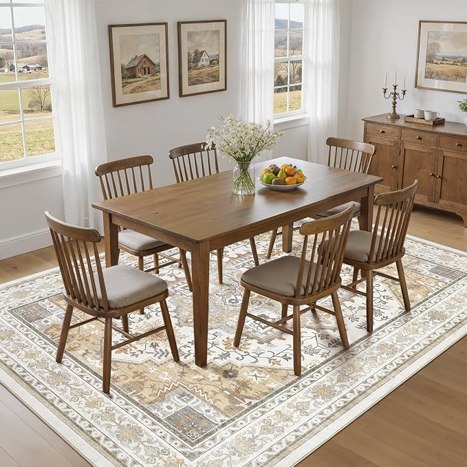 UERMEI 10x14 Area Rug for Living Room - Washable Vintage Carpet, Non-Slip Soft Large Indoor Floor Rugs for Bedroom Home Office & Under Dining Table Decor, Brown Beige