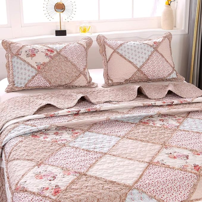 Full/Queen Size Quilt Set Pink Floral Patchwork Bedspreads Bedding Set | VIVILINEN 3-Piece Reversible Quilted Coverlet Lightweight Comforter Queen Bed Sheet Set Cover Blanket with 2 Pillow Shams