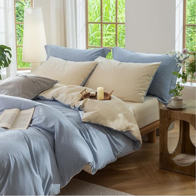 BDEAR 3Pcs Duvet Cover Set King Size 104" W x 90" L, Blue and Almond Grey | 100% Washed Cotton, 1 Duvet Cover with 2 Pillowcases, Zipper Closure, OEKO TEX Standard,8 Corner Ties,Linen-Liked Texture