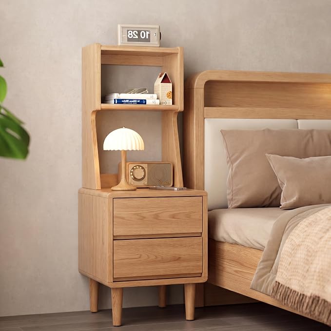 Solid Wood Bookshelf Nightstand Combo, Tall Nightstand with Bookshelf | Oak Nightstand Bookshelf,Solid Wood Nightstand with Drawers,Open Shelf Bookcase,for Bedroom,Living Room,Offices