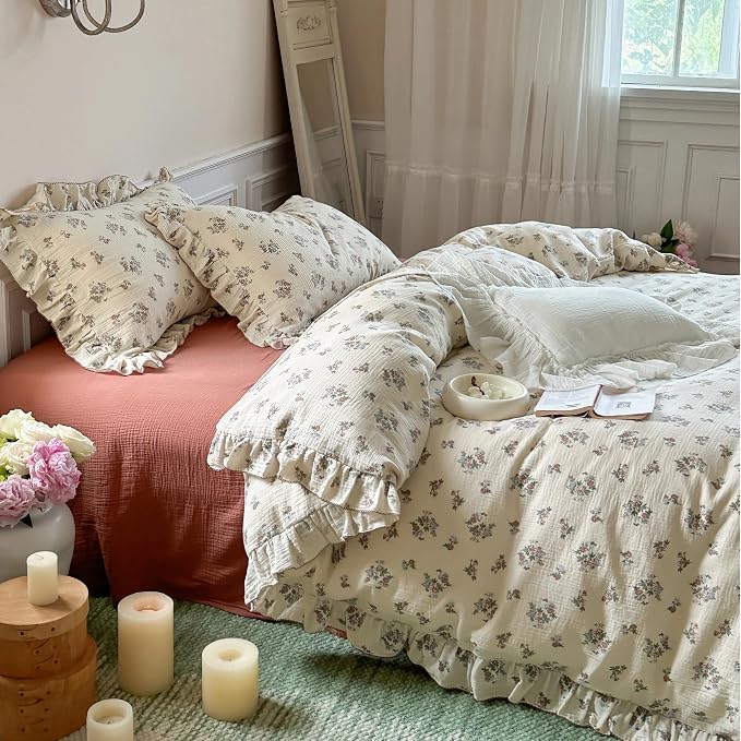 Vintage Floral Duvet Cover Twin for Girls, Shabby Chic Quilt Cover Ruffled Kids Bedding, 100% Cotton Muslin, Soft Breathable, 68"x86", Zipper Closure, No Pillowcase