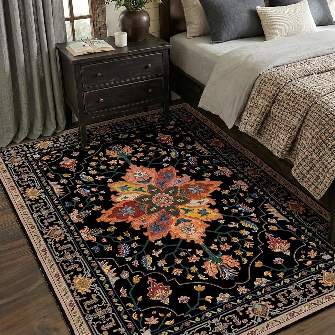 RELEANY Washable Area Rug, 5'x8', Black/Colorful | Non-Slip, Water Repellent, Pet Friendly, Easy to Clean, Vintage Floral Boho Decor for Living Room Bedroom Dining Room Office