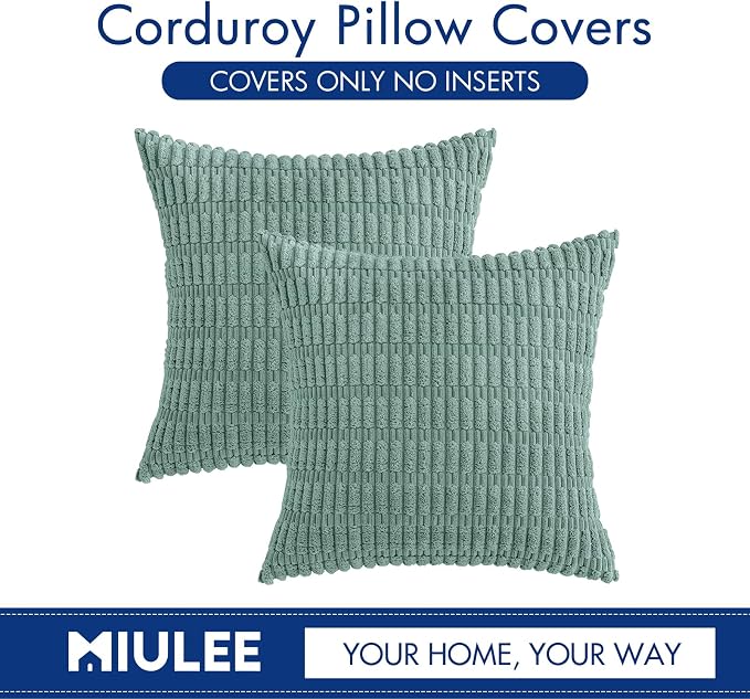 MIULEE Corduroy Decorative Throw Pillow Covers 20x20 Teal Green Pack of 2 | Soft Boho Striped Pillow Covers Modern Farmhouse Home Decor For Sofa Living Room Couch Bed