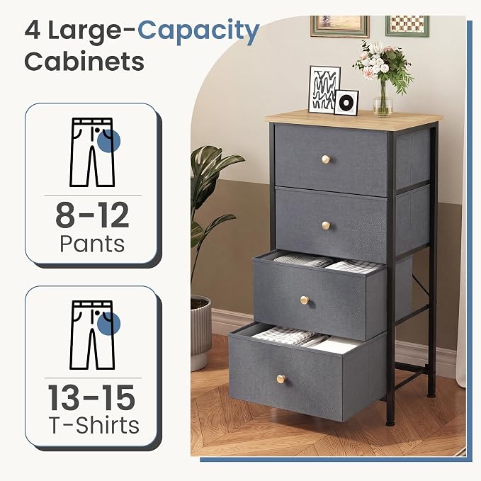 DUMOS Nightstand with 4 Drawers, Bedside Table with Removable Fabric Bins, Sturdy Steel Frame Wood Top Organizer Furniture for Bedroom Closet Living Room, Gray Blue
