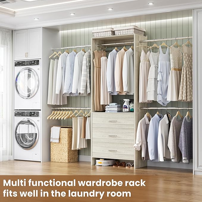 Aheaplus Closet System, 4.2-9Ft Closet Organizer with with 4 Rods, White Oak | for Walk in Closet, Wardrobe Clothes Rack with 4 Hanging Rods, Garment Rack