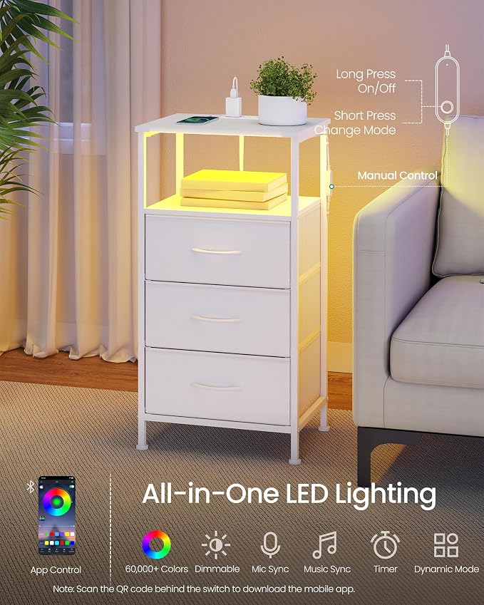 SONGMICS BELLAH Collection - Set of 2 Nightstand with Charging Station and App-Controlled Adjustable LED Lights, Bed Side Tables, 3 Drawers, Cloud White and Snow White ULGS203W101S