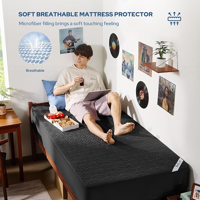 BEDLORE Waterproof Mattress Protector, Twin XL Size Mattress Pad | Deep Pockets Fit 6"-15" Mattresses, Soft Breathable Dirt-proof Bed Mattress Cover for Bedroom, College Dorm (Black)
