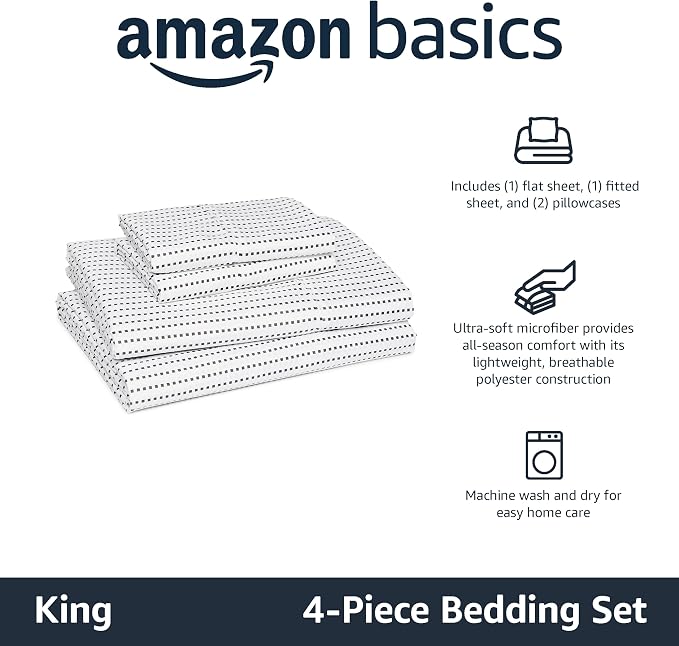 Amazon Basics Lightweight Polyester Microfiber 4-Piece Bed Sheet Set, Machine Wash, King, Plum, Printed
