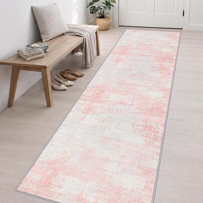 3x14 Washable Runner Rug：Modern Abstract Soft Carpet Pink White | For Hallway, Bedroom, Kitchen, Laundry, Bathroom,Door Mat,Modern Abstract,Machine washable,Non-Slip,Stain Resistant,Indoor