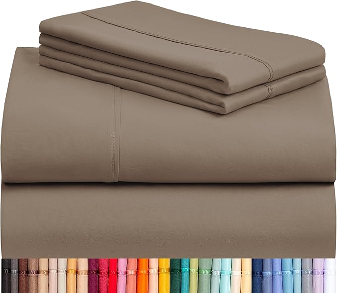 LuxClub 4 PC King Sheet Set, Deep Pockets Wrinkle Free Cooling Bed Sheets Hotel Bedding for Women, Men, Includes 1 Fitted Sheet, 1 Flat Sheet and 2 Pillowcases-Soft Dark Khaki | LuxClub Silky Fitted Sheet & Pillowcase Sets, Breathable Hotel Luxury Bedd...