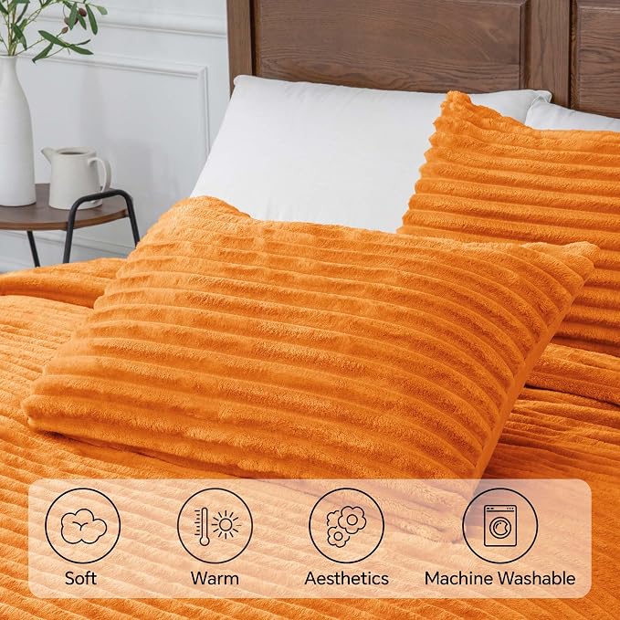 BEDELITE Fleece Full Comforter Set, Fluffy Bed Set, Burnt Orange | Super Soft & Warm Bedding, Luxury Fuzzy Faux Fur Comforter for Winter, Heavy Plush Bedding, with 2 Pillowcases