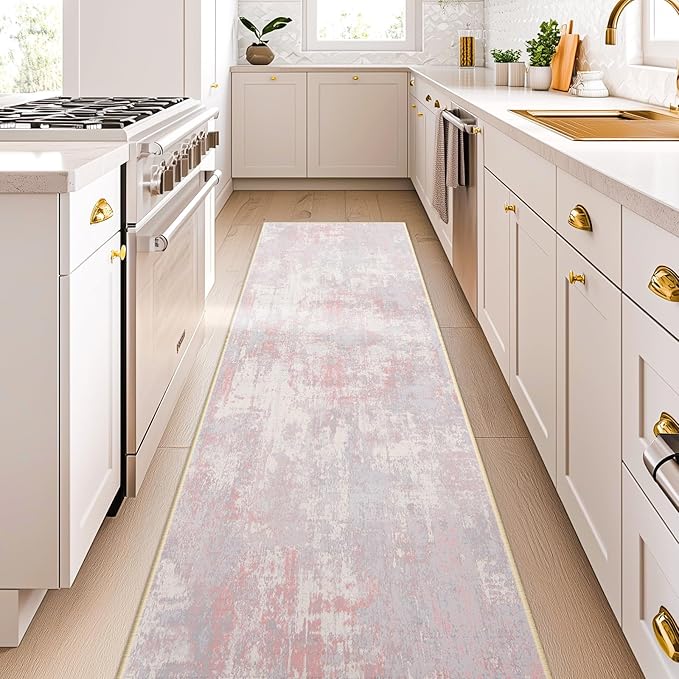 RELEANY Washable Runner 2'x10' Abstract Area Rug for Hallway Gray Pink | Carpet for Kitchen, Entryway, Bathroom, Living Room, Bedroom, Printed Pattern, Non‑Slip, Soft, Stain‑Resistant, Easy to Clean