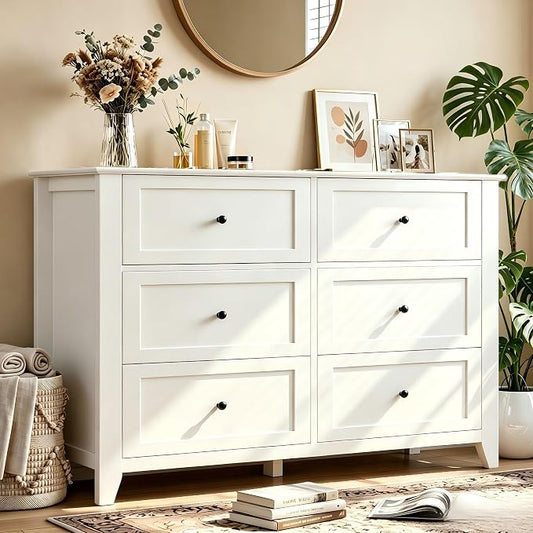 Garvee White 6-Drawer Dresser for Bedroom, 54" Long Chest of Drawers | Modern Lacquered Storage Drawers Organizer, 15.8"D x 54"W x 31.5"H, Storage Dresser with Deep Drawers for Hallway Entryway