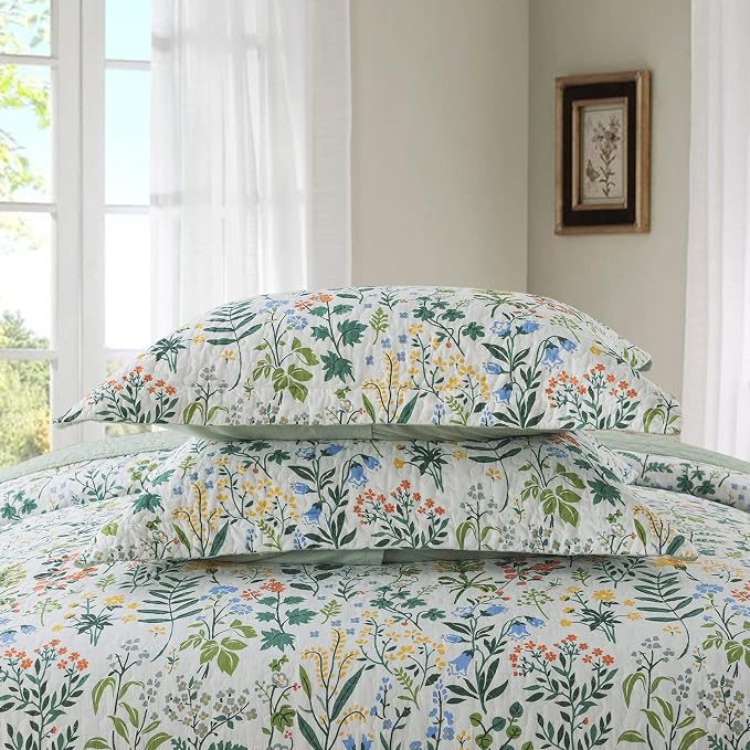 Cotton Bedspread Quilt Sets-Reversible Patchwork Coverlet Set, Green Classic Floral Pattern, Queen Size