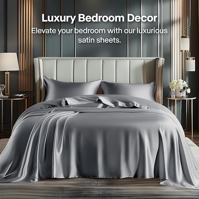 BEDELITE Satin Sheets King Size Bed Set, Dark Grey, 4 Pieces | Luxury Silky Bed Sheets, 15 Inch Deep Pocket, Similar to Silk, Soft and Cooling, Reduces Friction, Gentle on Hair and Skin
