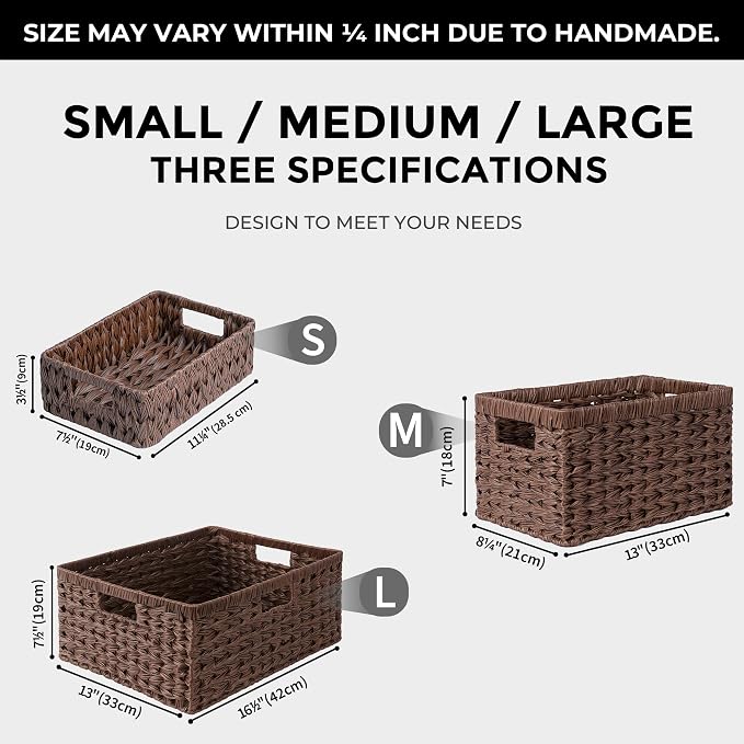 GRANNY SAYS Wicker Baskets with Handles,Small Woven Basket for Storage, Waterproof Storage Basket Organizer,Decorative Storage Boxes for Organing Pantry,Brown Basket,2-Pack,11 1/4''L x 7 1/2''W x 3 1/2''H | Waterproof Dark Brown Wicker Baskets, Small W...