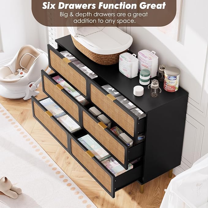 GarveeHome Rattan 6 Drawer Dressers for Bedroom, Deep Drawer, Black | Tall Dresser, Wide Top, for Living Room, Hallway, Kids Room, Large Chest of Drawers for Closet, Long Wooden Dresser