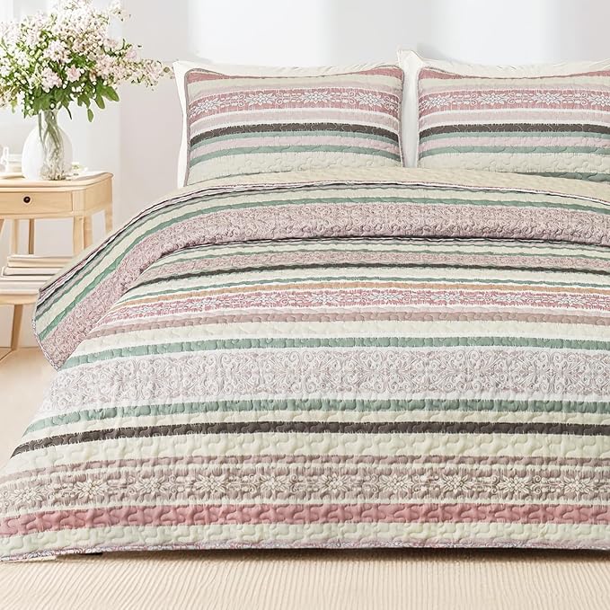 Exclusivo Mezcla Reversible Boho Quilts Queen Size Pink | Lightweight Soft Bedspreads, All Season Striped Coverlet Bedding Set, Printed Floral Pattern, 1 Quilt and 2 Pillow Shams