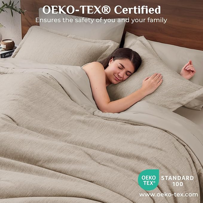 JOLLYVOGUE Khaki Queen Comforter Set, Cationic Dyeing Bed in a Bag Queen 7 Pieces, Double-Tone Bedding Set with Down Alternative Comforter, Sheets, Pillowcases & Shams