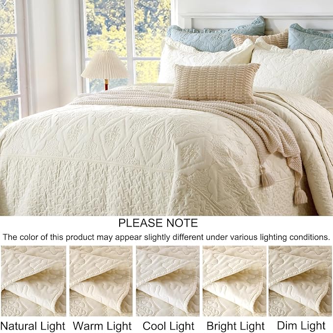 Cmfshape Oversized Floral Embroidery Quilt Set,3 Pieces Super King Quilt Bedding Set,Classic Diamond Pattern Quilt,Ultra Soft Lightweight Bedspread Coverlet for All Season(Cream White,120"x120")