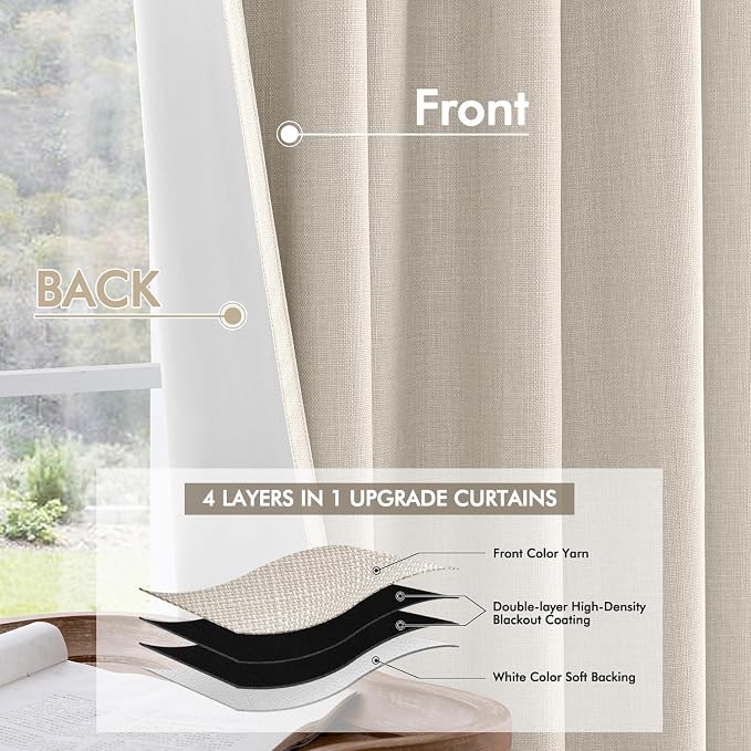 MIULEE 100% Blackout Back Tab Pleat Linen Curtains 50" Wx96 L,Birch | 2 Panels,Thick Faux Linen,Floor to Ceiling,With Hooks,for Bedroom Living Room,Black Out,Room Darkening