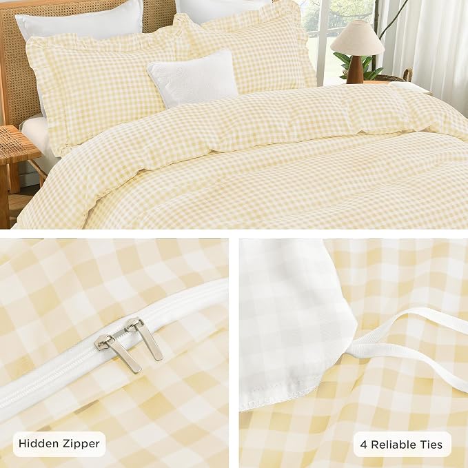 Andency Yellow Gingham Duvet Cover Queen, Ruffle Shabby Bedding Set 3 Pcs | Farmhouse Soft Pre-Washed Polyester Comforter Cover with Zipper Closure & Corner Ties, 90x90Inch