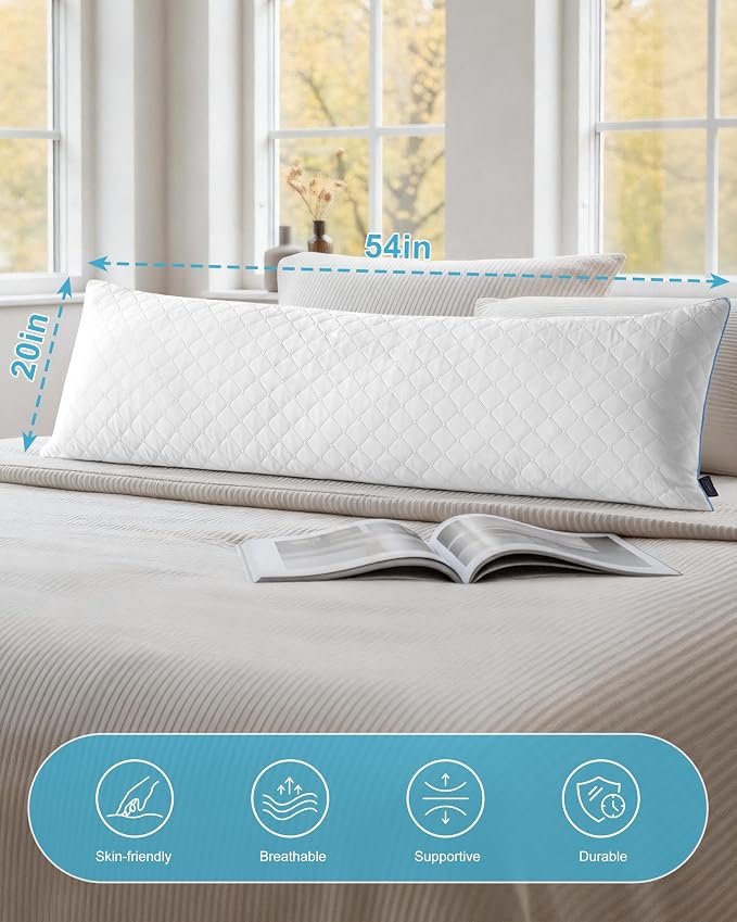 YZ HOME Long Body Pillow for Adults - Firm Body Pillow Insert | Body Pillow Insert with Shredded Memory Foam,Adjustable Height,Soft Support for Side Sleeper,Washable (White, 20x54'')