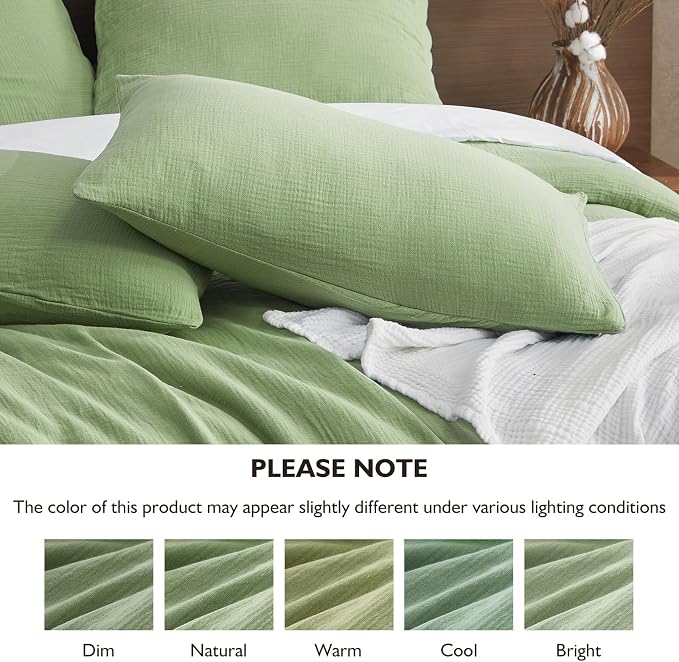 EMME Muslin Cotton Duvet Cover Set King Size Linen Like Soft Breathable Lightweight Summer Comforter Cover Set with Zipper Closure (Sage Green, King)