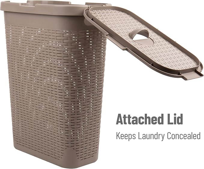 Mind Reader Slim Laundry Hamper with Lid, 40L Clothes Basket, Narrow Tapered Design with Ventilated Cutout Pattern, Plastic, Tan