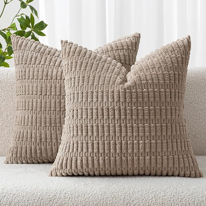 MIULEE Corduroy Decorative Throw Pillow Covers 12x12 Light Brown Pack of 2 | Soft Boho Striped Pillow Covers Modern Farmhouse Fall Home Decor For Sofa Living Room Couch Bed