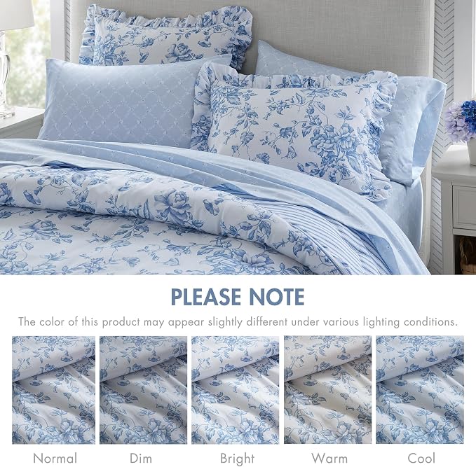 Madison Park Essentials Blue Floral Comforter Set with Sheets King,7pc | Vintage, Ruffle Bed in a Bag, Reversible, Elegant Bedding Set, All Season, Machine Washable, Wrinkle Resistant, Ultra Soft