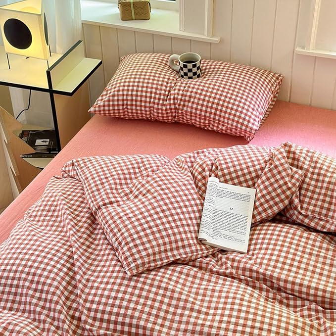 LifeTB Gingham Comforter Set King Modern Style Plaid Checkered Comforter Fluffy Soft Red Orange Grid Bedding Set Lightweight Gingham Bedding Comforter Farmhouse Checkered Comforter Set