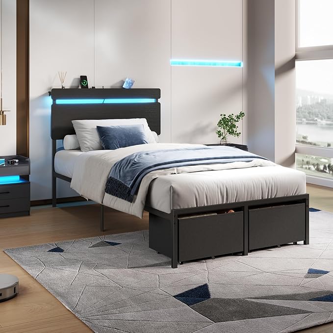 Forestell Twin Bed Frame with Wood Headboard,2 Storage Drawers & Shelf | Built-in Charging Station & LED Lights, Metal Support, No Box Spring Needed, noise-free, easy assembly, Smart RGB, USB+Type-C