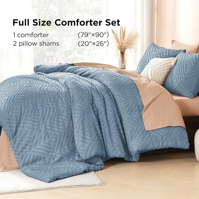 Litanika Full Size Comforter Set, 3 Pieces Tufted Boho Bedding Set | Grayish Blue Farmhouse Shabby Chic Vintage Bohemian Textured Aesthetic Soft Fluffy Lightweight Breathable All Season Bed Set