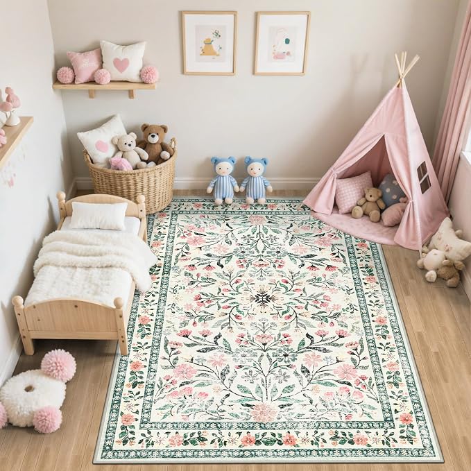 PLHXFR Area Rug Living Room: 5x7 Floral Washable Boho Carpet Green Beige | For Bedroom Dining Room Farmhouse Nursery Hallway,Vintage Floral,Machine washable,Non Slip,Stain Resistant,Large Indoor