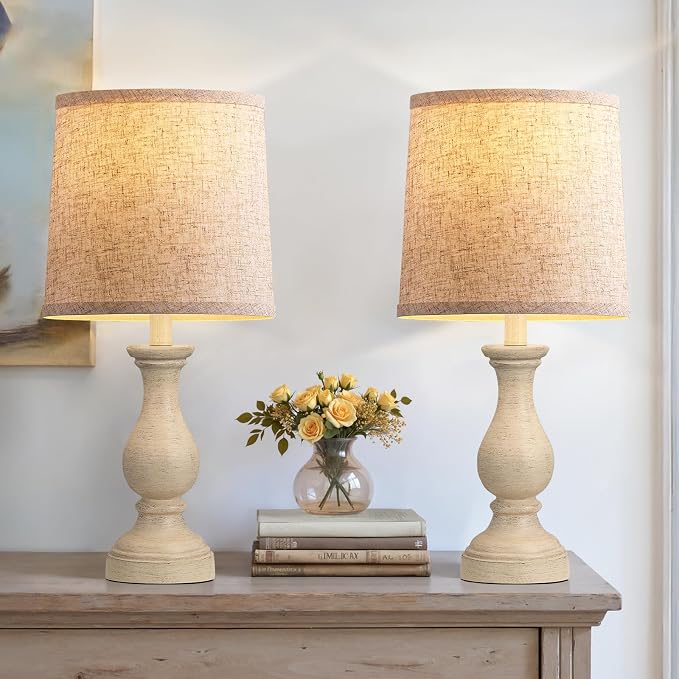 Seealle Farmhouse Table Lamps Set of 2 - Rustic Lamp for Bedroom Living Room, 22" Boho Bedside Lamps for Night Stands End Table Office Desk Lamp Nightstand Clearance with Linen Shades(Antique Yellow)