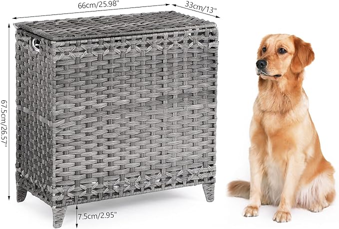 Laundry Hamper with 3 Removable Liner Bags, 132L Laundry Sorter with Lid | Raised Feet; Side Carry Handles; Handwoven PP Rattan; Rust-Resistant Iron Frame; Decorative Woven Design