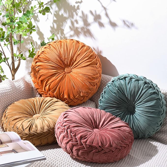 Kathfly 4 Pcs Round Throw Pillows Velvet,Orange, Yellow, Pink, Green | Pleated Pumpkin Design, Soft Velvet Fabric for Bed Sofa Chair, 14 Inch Diameter Floor Cushion, Elegant Home Decor Accent
