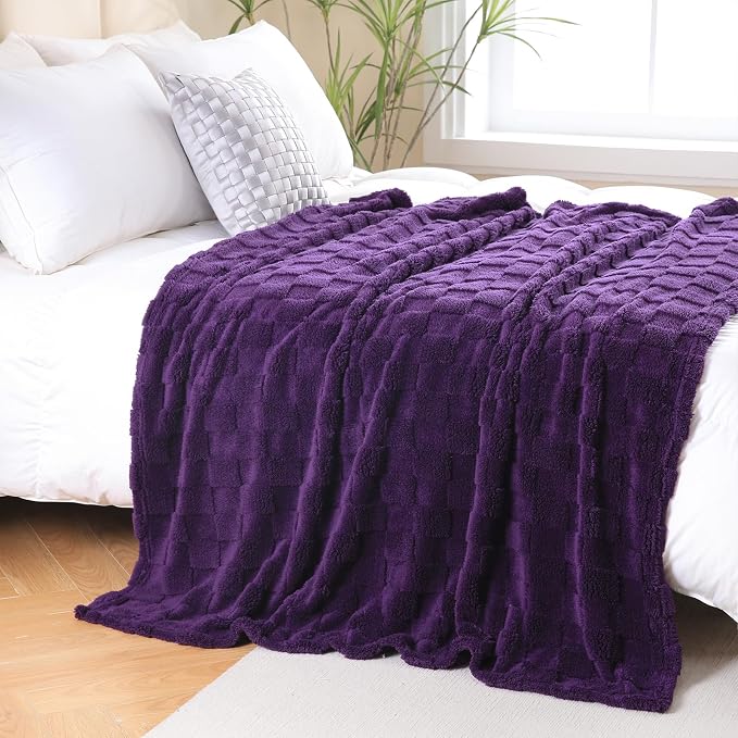 Deep Purple Fleece Throw Blanket 90”×90”Checkered Design for Couch | Super Soft Cozy Plush Microfiber 3D Square Pattern Flannel Blanket for Sofa Bed Lightweight for Adults,Women