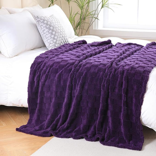 Deep Purple Fleece Throw Blanket 90”×90”Checkered Design for Couch | Super Soft Cozy Plush Microfiber 3D Square Pattern Flannel Blanket for Sofa Bed Lightweight for Adults,Women