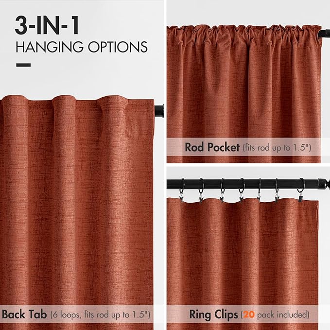 MIULEE 100% Blackout Fall Linen Curtains & Drapes W52 x L96 Inch Terracotta | 2 Panels, Full Black Out, Thermal Insulated, Room Darkening Window Curtains for Bedroom Living Room , Back Tab & Rod Pocket
