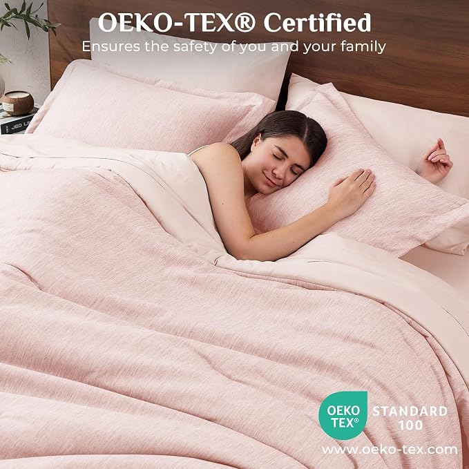 JOLLYVOGUE Pink Queen Comforter Set, Cationic Dyeing Bed in a Bag Queen 7 Pieces, Double-Tone Bedding Set with Down Alternative Comforter, Sheets, Pillowcases & Shams