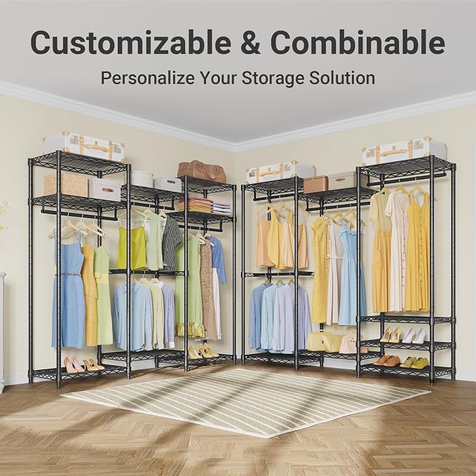 VIPEK V5 Medium Freestanding Clothes Rack, Modular Closet System, Black | 790 lbs Load, 4 x 19.5 in hanging rods, 8 x shelves (2 adjustable), Supports expansion with accessories