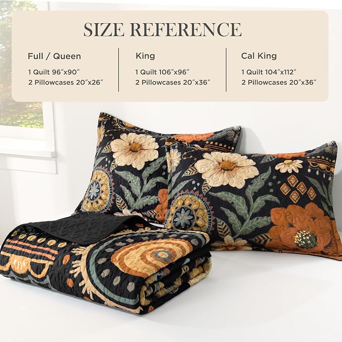 Andency California King Quilt, Cal King Oversized Black Floral Bedspread | 3 Pieces Brown Boho Summer Flower Botanical Summer Bedspreads with 2 Shams, Reversible Polyester for All Seasons, 112"x104"
