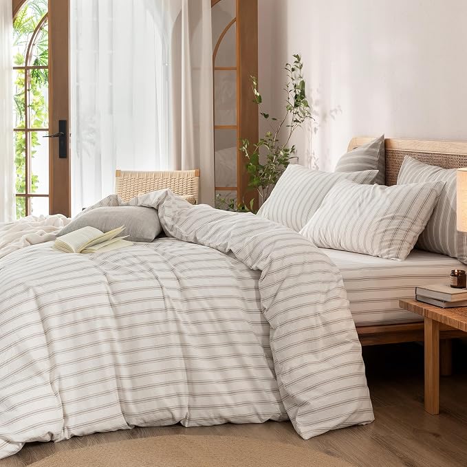 BESTOUCH Striped Cotton Duvet Cover Set Linen Feel California King | 100% Washed Cotton, Soft Wrinkle Texture, Hidden Zipper, 8 Ties, Breathable Lightweight Durable Comfy, 3 Pcs No Insert