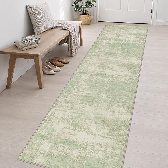 2.6x14 Washable Runner Rug:Modern Abstract Soft Carpet Green Cream | For Hallway, Bedroom, Kitchen, Laundry, Bathroom,Door Mat,Modern Abstract,Machine washable,Non-Slip,Stain Resistant,Indoor