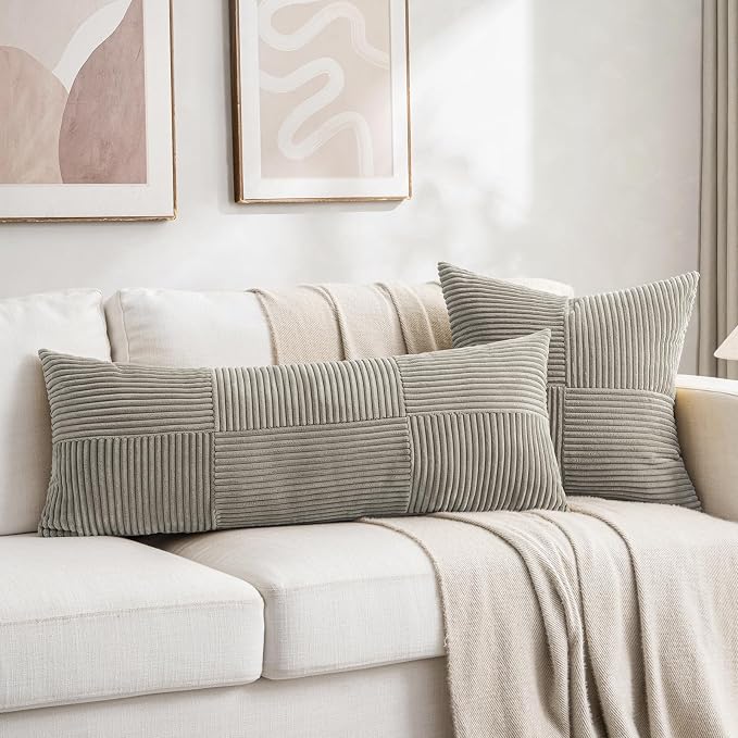 Fancy Homi Set of 2 Neutral Grey Boho Long Lumbar Body Decorative Throw Pillow Cover 14x36 Inch for Bed Couch Bedroom Bench, Soft Patchwork Corduroy Textured Pillow Case, Rustic Farmhouse Room Décor